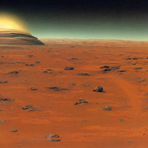 Image similar to A mars landscape by Chesley Bonestell, detailed