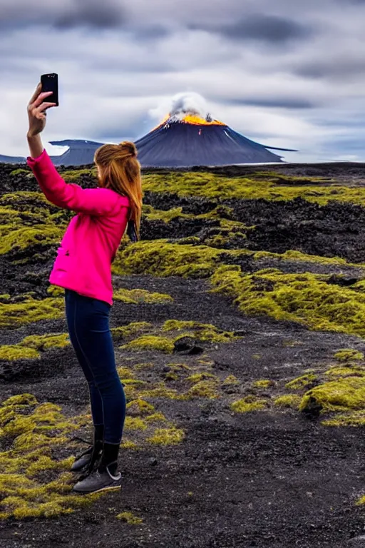 Prompt: girl taking selfie, blurred background, in front of icelandic volcano