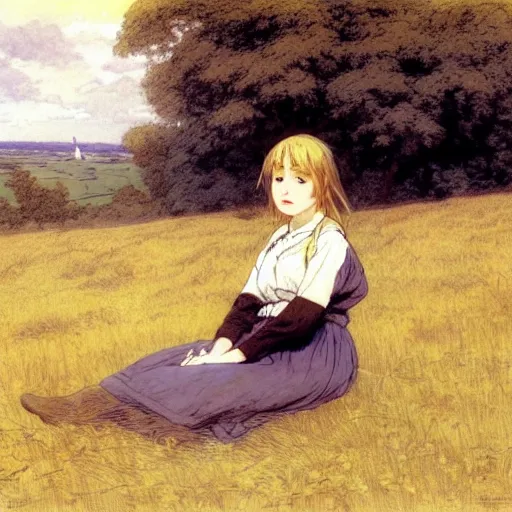 Image similar to a girl sitting in a meadow, portrait, art by walter langley, anime wallpaper, pixiv, walter langley style