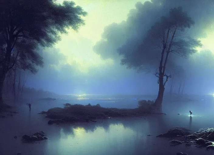 Image similar to blue - turquoise fog in the void, black background hyperrealism, no blur, 4 k resolution, ultra detailed, style of asher brown durand, ismail inceoglu, robert mccall, ivan aivazovsky, syd mead