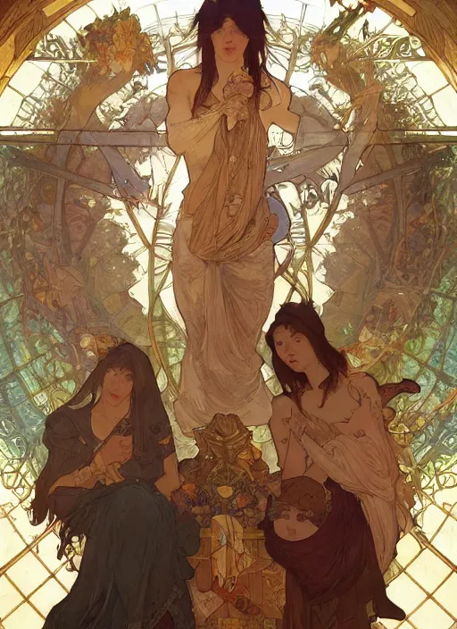 Image similar to the last supper beautiful painting by artgerm and greg rutkowski and alphonse mucha, highly detailed, illustration, epic, fantasy, intricate, hyper detailed, artstation, concept art, smooth, sharp focus, ray tracing, only mens