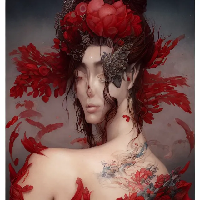 Image similar to ultra realistic illustration, beautiful ethereal woman dressed in red kimono, backview, tattoos, in the style of peter mohrbacher by weta digital and beth cavener, high face symmetry, intricate, masterpiece, award winning, high face symmetry, intricate