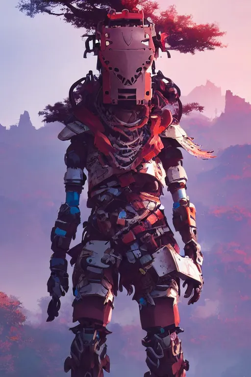 Image similar to combination suit armor aloy horizon forbidden west horizon zero dawn robot ninja mask helmet backpack tribal, aesthetic octane render, 8 k hd resolution, by ilya kuvshinov and cushart krentz and gilleard james radiating a glowing aura cgi rtx 2 0 2 2