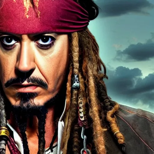 Image similar to Robert Downey Jr. as Jack Sparrow, HD, photorealistic, cinematic lighting