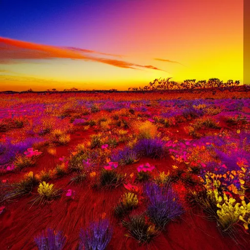 Image similar to hiqh quality photo of the australian red desert covered in colorful wild flowers, golden hour