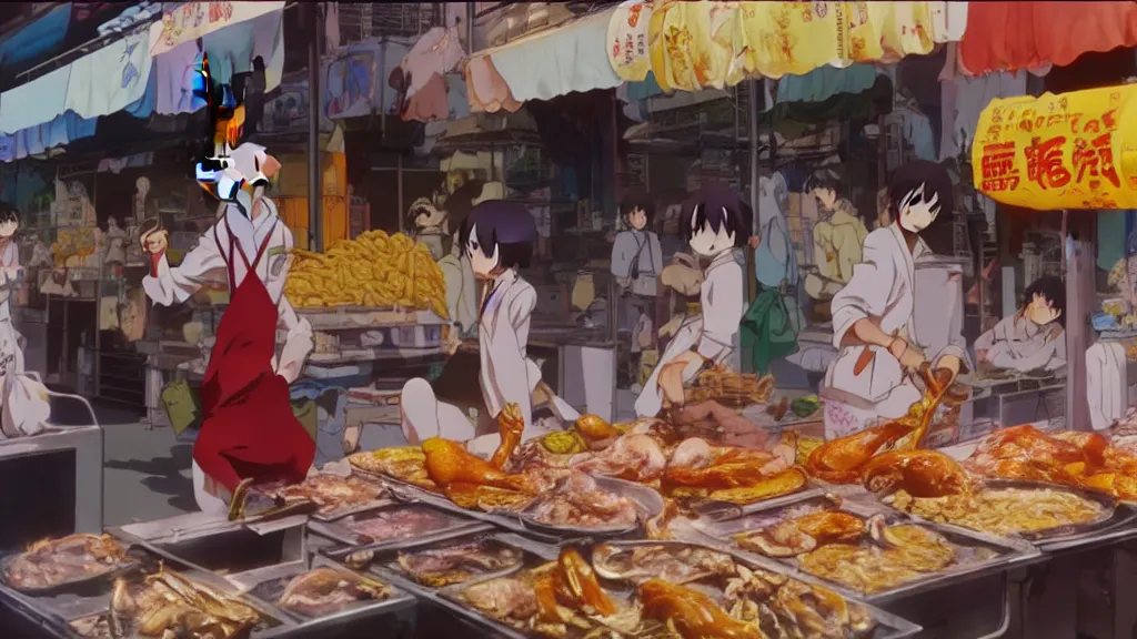 Prompt: a rabbit being cooked in a street market, anime film still from the an anime directed by Katsuhiro Otomo with art direction by Salvador Dalí, wide lens