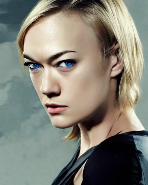 Image similar to yvonne strahovski, full shot, very anime, ambient lighting, perfect composition, dynamic lighting, detailed face, very extremely detailed blue eyes, smooth shading, digital art