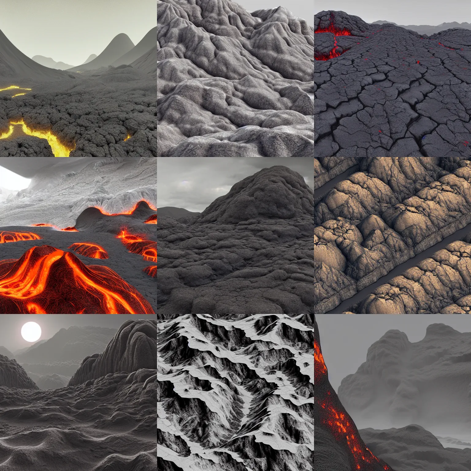 Prompt: a view of a very large mountain range of solidified cooled lava, a detailed matte painting by Stanley Twardowicz, polycount, generative art, terragen, apocalypse landscape, matte painting, greyscale