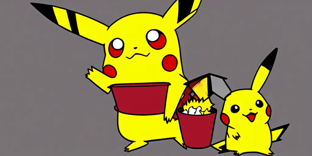 Image similar to pikachu devouring a dog, sharp teeth burtal eyes scary mouth dark room red candles trash bin