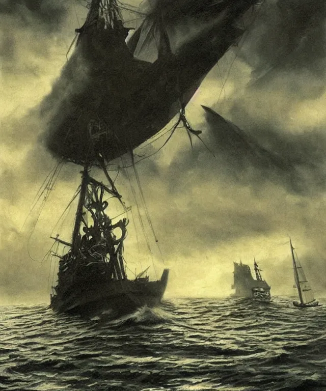 Prompt: realistic photo of a 1 9 2 5 seiner sailing near a small tropical skull shaped island, dark, brooding, atmospheric, lovecraft, horror, smooth, epic, highly detailed, cinematic, by clyde caldwell