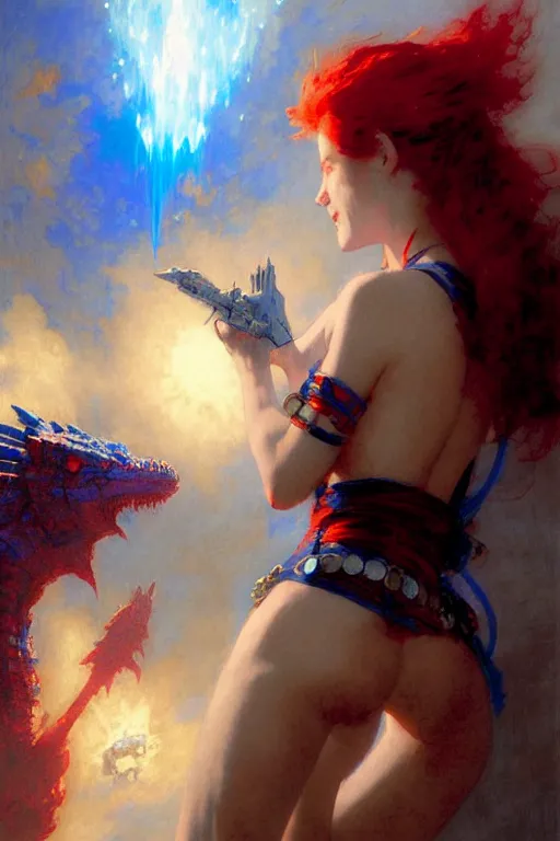 Prompt: red haired vampire maid, pointing accusingly at a small blue godzilla wearing a rainbow coloured propeller hat portrait dnd, painting by gaston bussiere, craig mullins, greg rutkowski, yoji shinkawa