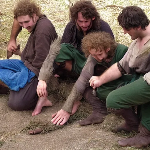 Prompt: a group of hobbits admiring the hairiness of their feet