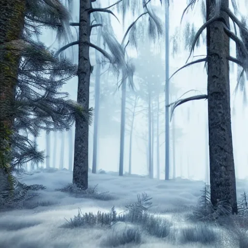 Image similar to still shot of a forest covered with winter fog, highly detailed, photorealistic portrait, bright studio setting, studio lighting, crisp quality and light reflections, unreal engine 5 quality render