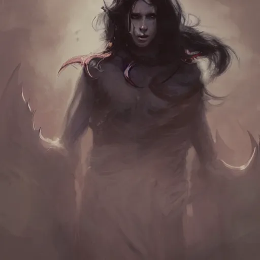 Prompt: portrait of a tiefling boy with long dark hair, horns, and pitch black eyes, dungeons and dragons character, art by Greg Rutkowski