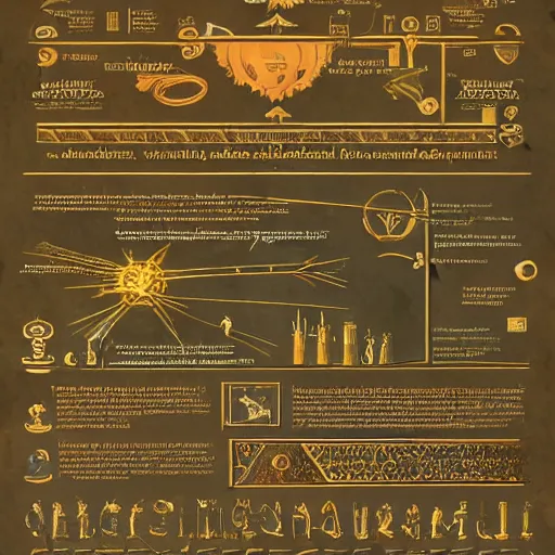 Prompt: A world where humanity remained loyal to archaic forces, and what followed was an unprecedented era of spiritual alchemy, Infographic and Marginalia, set design, Artstation, epic