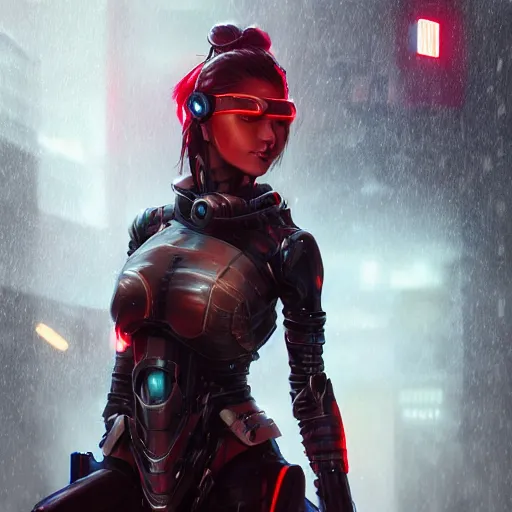 Prompt: An realistic epic fantastic comic book style portrait painting of a female cyber samurai by WLOP, black and reddish color armor, cyberpunk feel raining at tokyo rooftop, Concept world Art, unreal 5, DAZ, hyperrealistic, octane render, cosplay, RPG portrait, dramatic lighting, rim lights