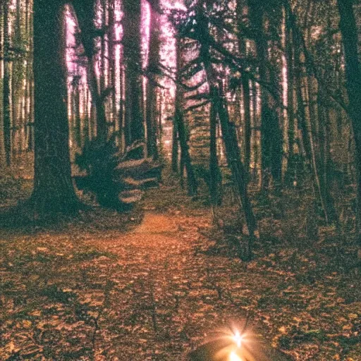 Prompt: nighttime trail-cam photo of an alien in the forest