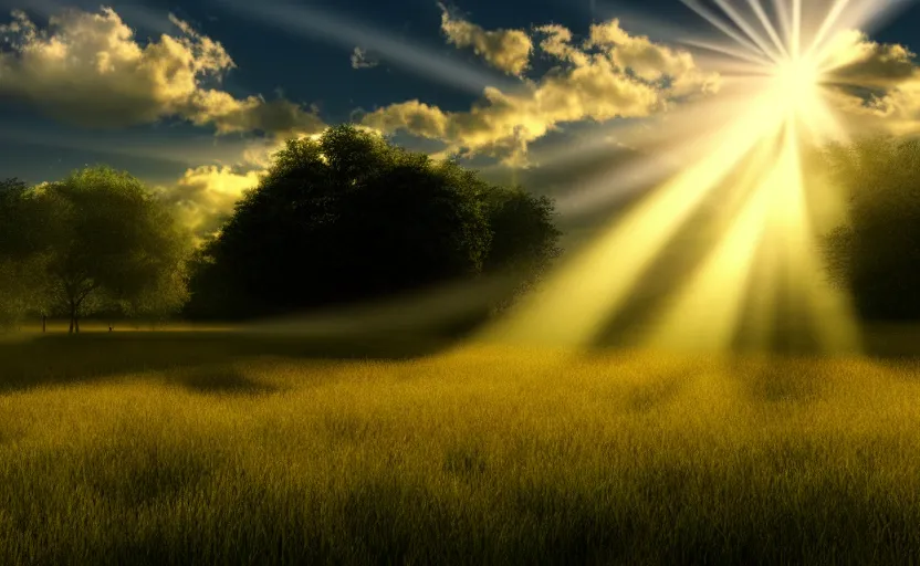 Image similar to a beautiful picture of good weather clouds over an idyllic meadow, bright god rays breaking through, intricate detail, sunrise, serene, hazy, volumetric lighting, volumetric clouds, 8 k, hyperrealistic, digital art trending on artstation