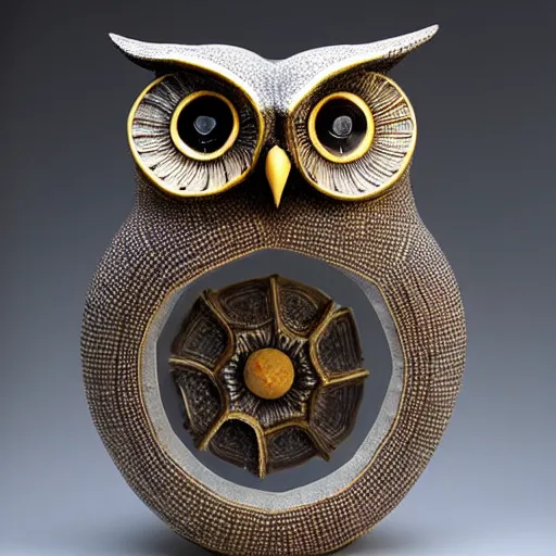 Prompt: symmetrical detailed sculpture of an owl, made of Smoky Quartz