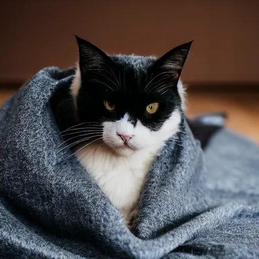 Prompt: a sadcat laying under a blanket, canon eos r 3, f / 1. 4, iso 2 0 0, 1 / 1 6 0 s, 8 k, raw, unedited, symmetrical balance, in - frame