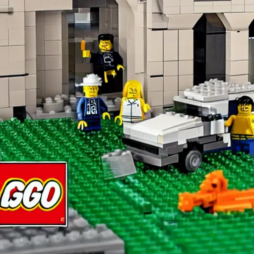 Prompt: tv advertisement for the mar a lago fbi raid lego set