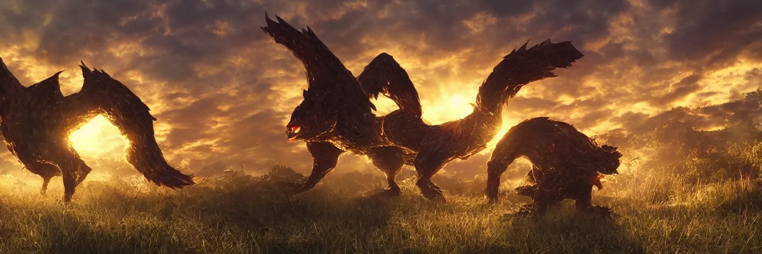 Image similar to photo of real life pokemons, creepy!!!, scaly!!!, gritty!!!, menacing!!!, evil, ultra realistic, gritty, golden hour, volumetric lighting, sharp focus