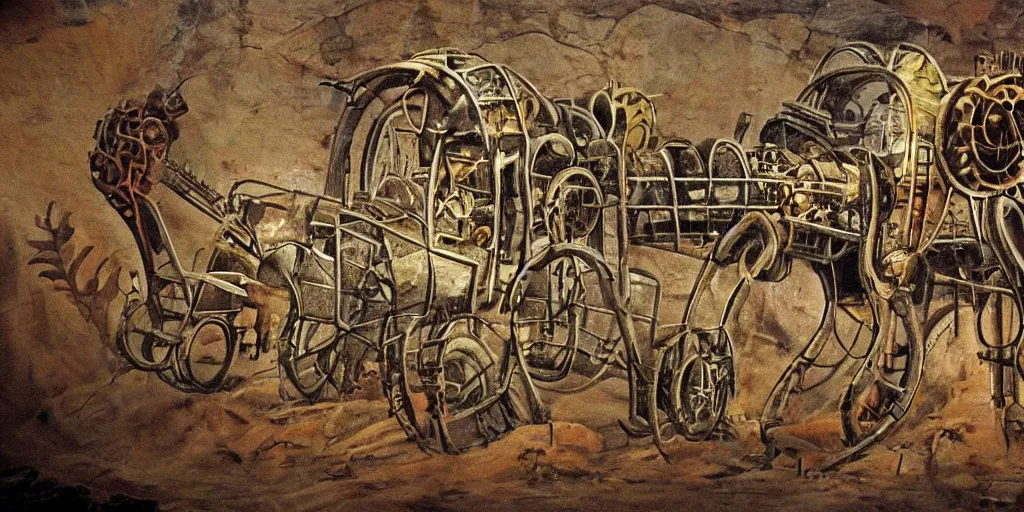 Image similar to a prehistoric cave painting of a giant steampunk futuristic retrofuturistic machine