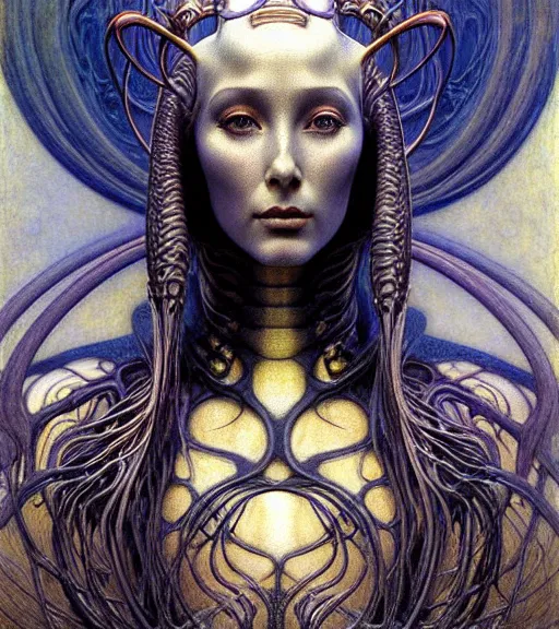 Image similar to detailed realistic beautiful young cher alien robot as queen of mars face portrait by jean delville, gustave dore and marco mazzoni, art nouveau, symbolist, visionary, gothic, pre - raphaelite. horizontal symmetry by zdzisław beksinski, iris van herpen, raymond swanland and alphonse mucha. highly detailed, hyper - real, beautiful
