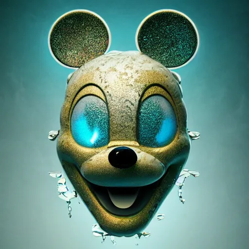 Image similar to counterfeit mickey mouse head, fractal, broken, LSD, wet, melting, fractured, mycelium, radiant alien, rococo, baroque, automotive, bio-mechanical, porcelain, iridescent, sub surface scattering, unreal engine, octane render