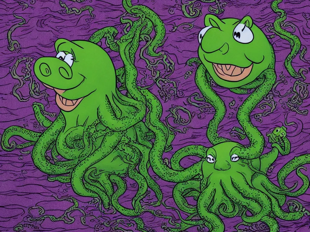 Image similar to Miss Piggy as Cthulhu, rising out of stormy seas. 4K. High detail. In the style of Lovecraft.