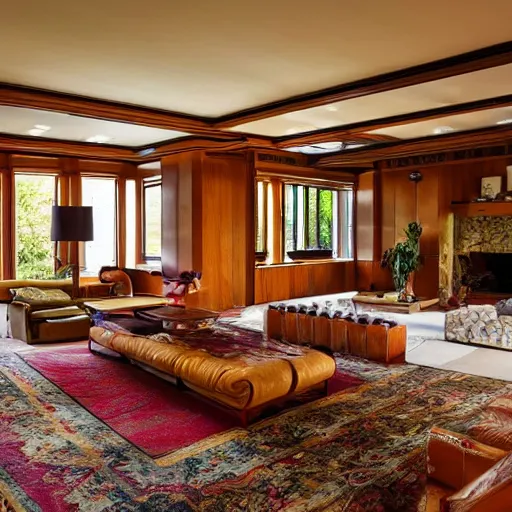 Prompt: A vast beautiful fully stocked living room area in a mansion designed and decorated by Frank Lloyd Wright, rugs, sofa, chairs, fireplace with a fire going, tables,