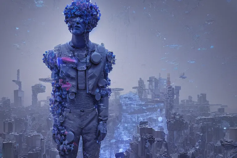 Image similar to marble statue covered in blue flowers, cyberpunk art by mike winkelmann, trending on cgsociety, retrofuturism, reimagined by industrial light and magic, darksynth, sci - fi