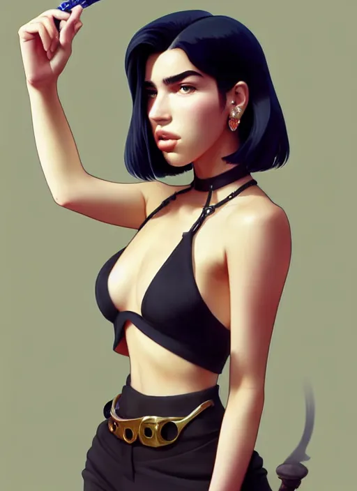 Prompt: cute mafia boss dua lipa, natural lighting, path traced, highly detailed, high quality, digital painting, by don bluth and ross tran and studio ghibli and alphonse mucha, artgerm