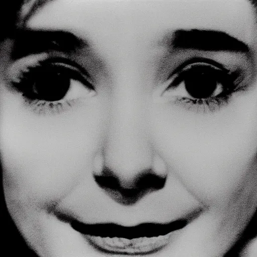 Image similar to photo of young Audrey Hepburn by Diane Arbus, extreme closeup, black and white, high contrast, Rolleiflex, 55mm f/4 lens