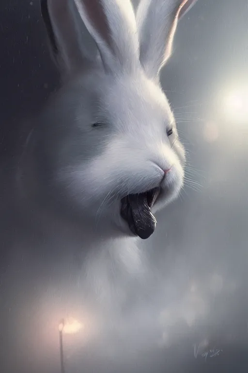 Image similar to white bunny with black spots on face and nose, realistic and ultra intricate detailed soft painting, volumetric lighting, mist, cityscape background, Artstation, Tom Bagshaw Yasushi Nirasawa Moebius artstyle, unreal render, depth of field ,