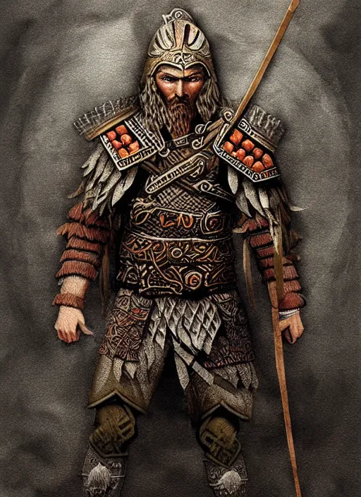 Prompt: ancient slavic warrior thunder god highly detailed concept art, slavic folklore embroidery symbols, maxim sukharev