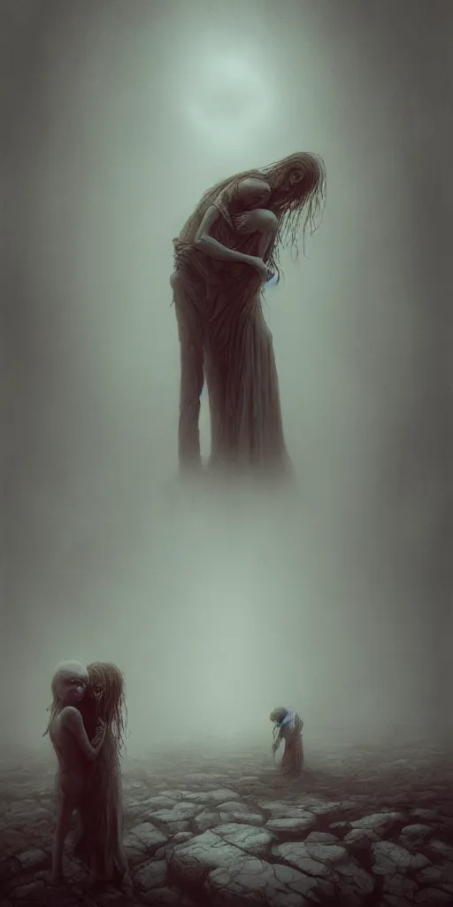 Image similar to death child and women hugging, in the style of keith thompson and zdzislaw beksinski, artstation hd, 8 k, surrealistic digital artwork, post apocalyptic street, new york, psychedelic