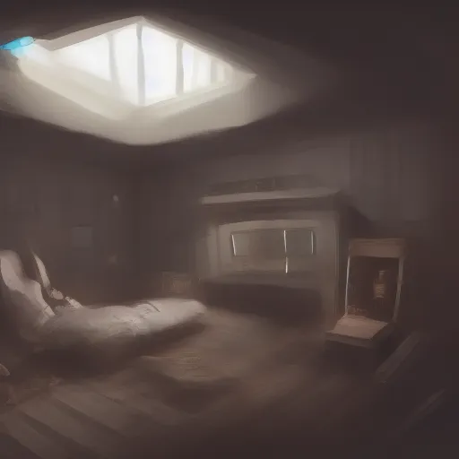 Prompt: wide shot of an almost pitch black family room in a house, at the bottom of a baseboard dim light emanates from a small mouse hole, 8K, 4K, digital art, concept art, art station, solace, tranquil, dusty.