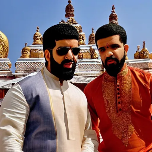 Prompt: kovil in background, wearing a silk kurta, daytime photograph of drake the rapper, drake the rapper's face, daytime lighting