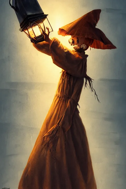 Prompt: portrait of a haunted scarecrow, burlap bag head, holding a lantern, halloween night, charlie bowater, artgerm, ilya kuvshinov, krenz cushart, ruan jia, realism, ultra detailed, 8 k resolution