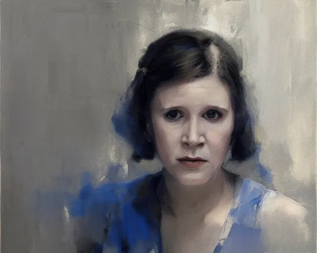 Prompt: portrait of young leia young carrie fisher 1 9 7 7 in shades of grey but with blue by jeremy mann