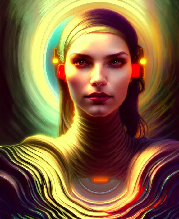 Image similar to a whirlwind of souls rushing inside the metaverse, hologram, half body, neurochip, shaved temple, piercing, jewelry, android, cyborg, cyberpunk face, by loish, d & d, fantasy, intricate, elegant, highly detailed, colorful, digital painting, artstation, concept art, art by artgerm and greg rutkowski and alphonse mucha