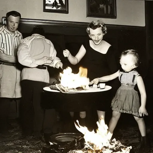 Prompt: a traditional American family setting fire to the dinner table, photograph, 1950s