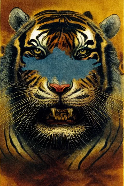 Image similar to turbulent tiger with gold and blue stripes in the style of wayne barlowe, gustav moreau, goward, bussiere, roberto ferri, santiago caruso, luis ricardo falero, austin osman spare