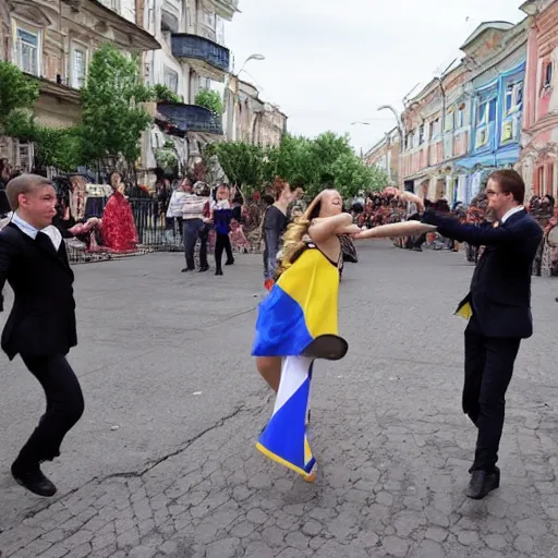 Prompt: ukraine and russia settle their differences through dancing in the streets.