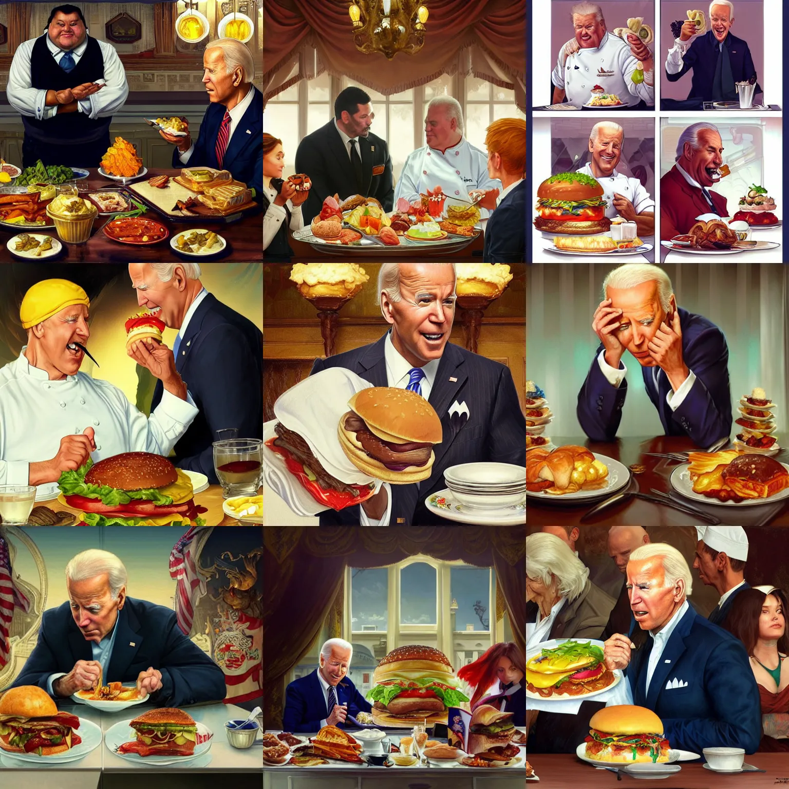 Prompt: Joe Biden eats unhealthy food served to him by a very fat chef at the white house, highly detailed, digital painting, artstation, concept art, sharp focus, illustration, art by artgerm and greg rutkowski and alphonse mucha and Norman Rockwell