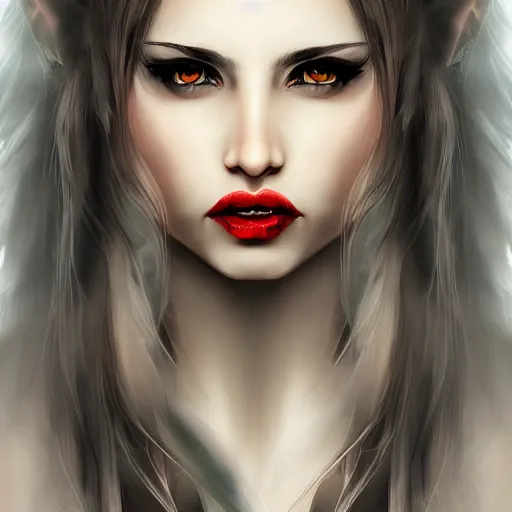 Image similar to Digital portrait of a beautiful half-elf half-vampire young woman. Her hair have black and white strands. Red irises, vertical pupils. Award-winning digital art, trending on ArtStation