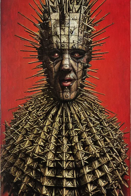 Image similar to portrait of pinhead hellraiser, oil painting by jan van eyck, northern renaissance art, oil on canvas, wet - on - wet technique, realistic, expressive emotions, intricate textures, illusionistic detail