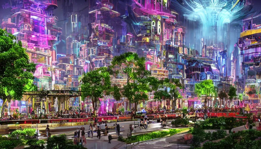 Prompt: an ancient and futuristic city that became one, lush greenery, historic buildings, sculptures, neon futurism