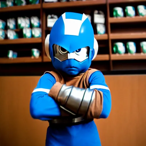Prompt: uhd photorealisitc candid photo of mega - man at starbucks destroying everything. correct costume. correct face, accurate face. photo by annie leibowitz and steve mccurry